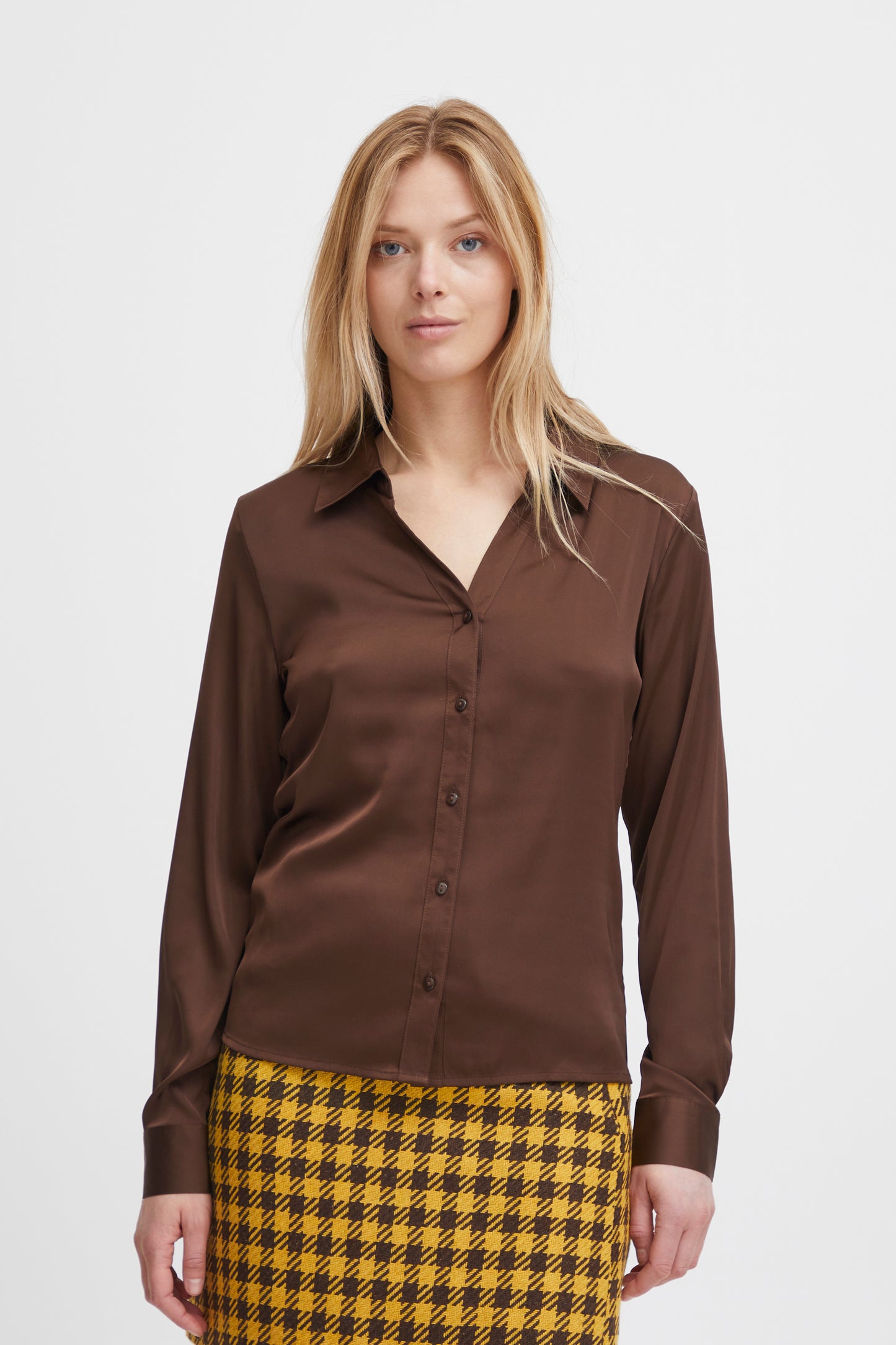 B.YOUNG HENCE Chicory Coffee Satin Blouse