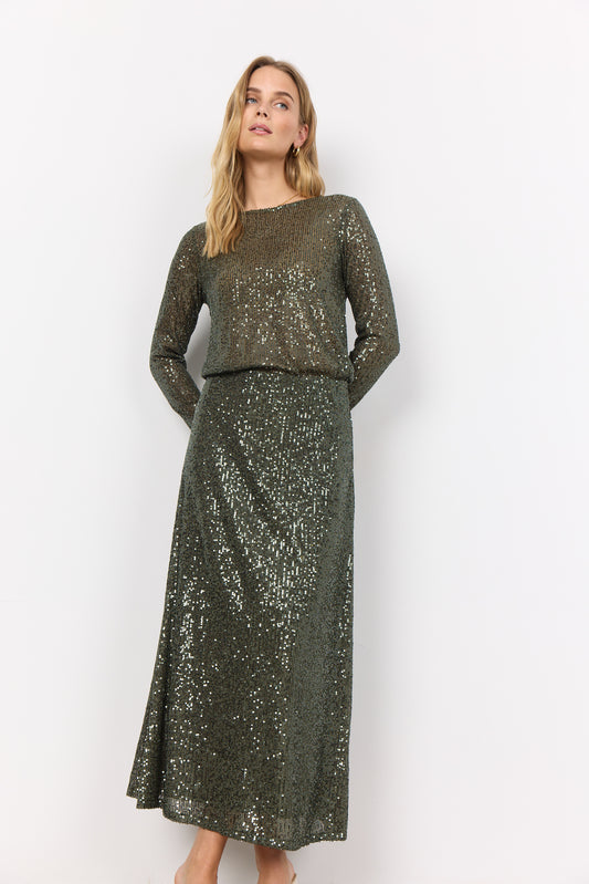 SOYA CONCEPT Nanette 3 Chic Olive Green Glam Sequin Skirt