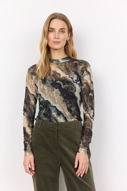 SOYA CONCEPT Alda Forest Green Marble Mesh Top