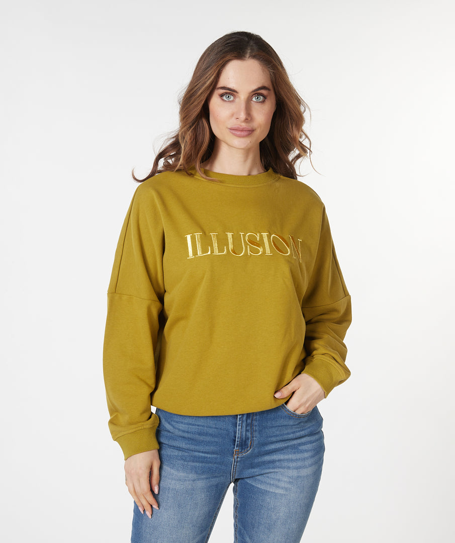 ESQUALO ILLUSION Olive & Gold Embroidered Crewneck Sweater