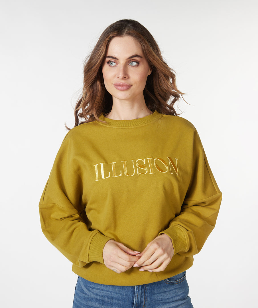 ESQUALO ILLUSION Olive & Gold Embroidered Crewneck Sweater