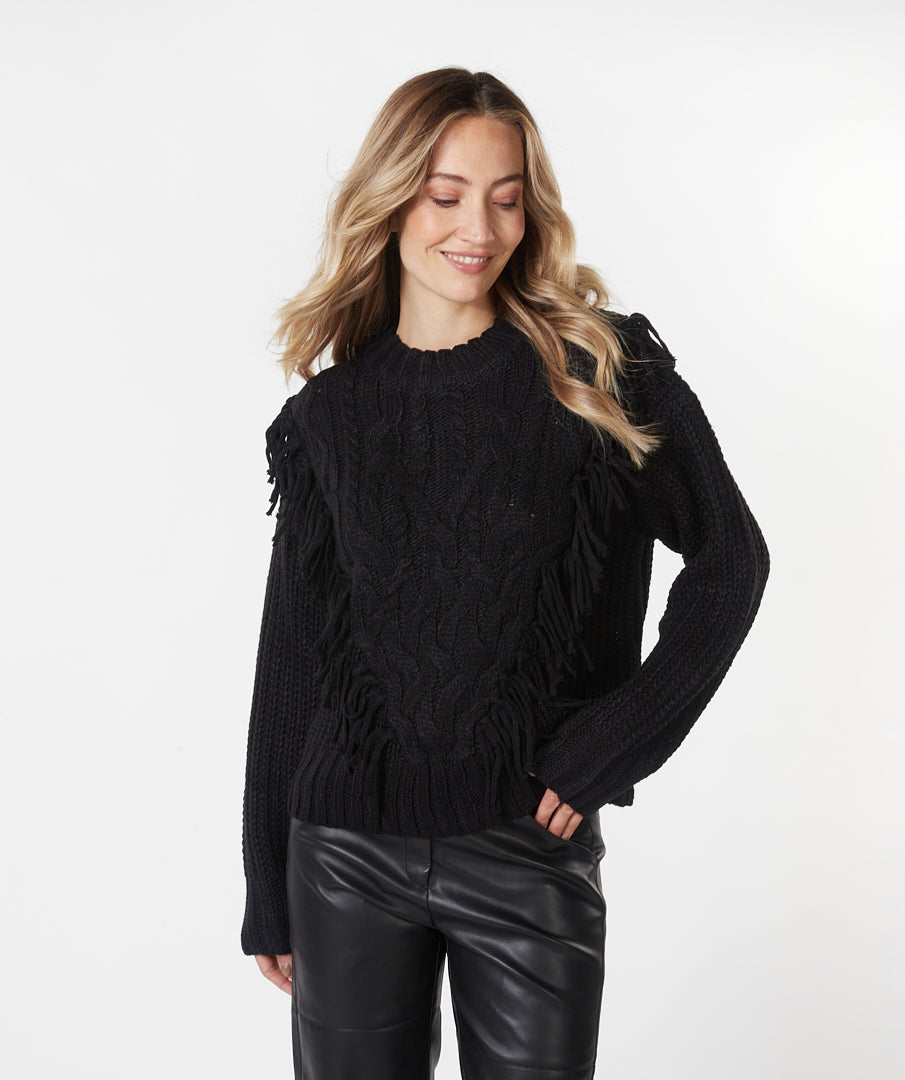 ESQUALO Black Fringe Cable Knit