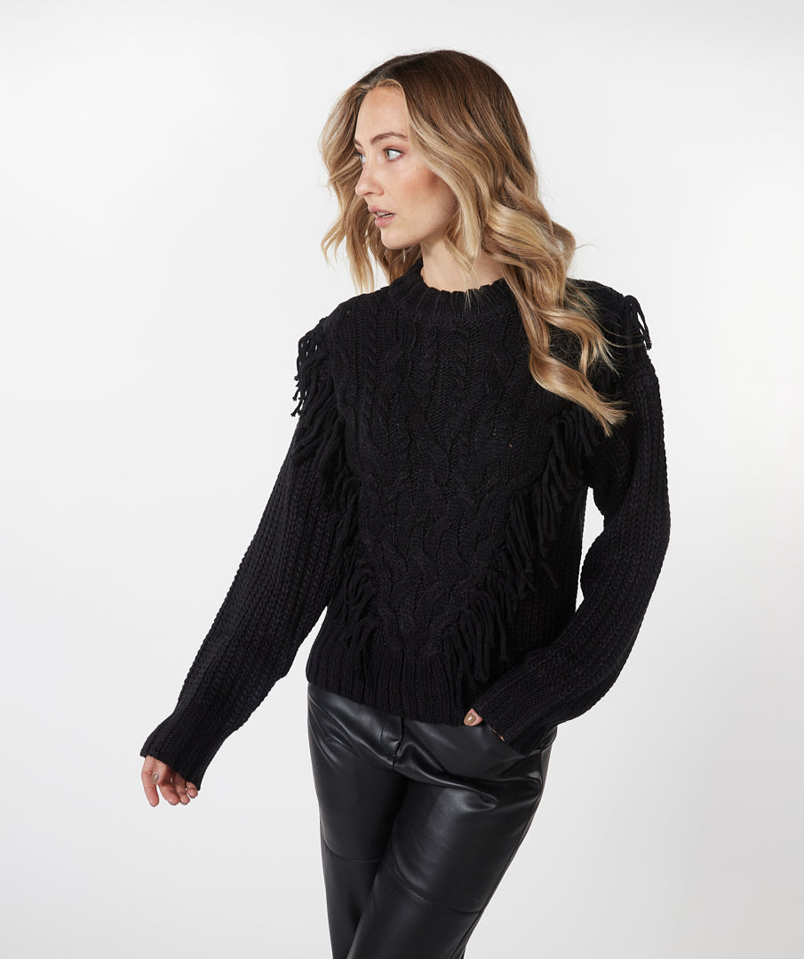 ESQUALO Black Fringe Cable Knit