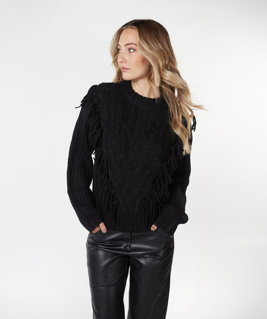 ESQUALO Black Fringe Cable Knit