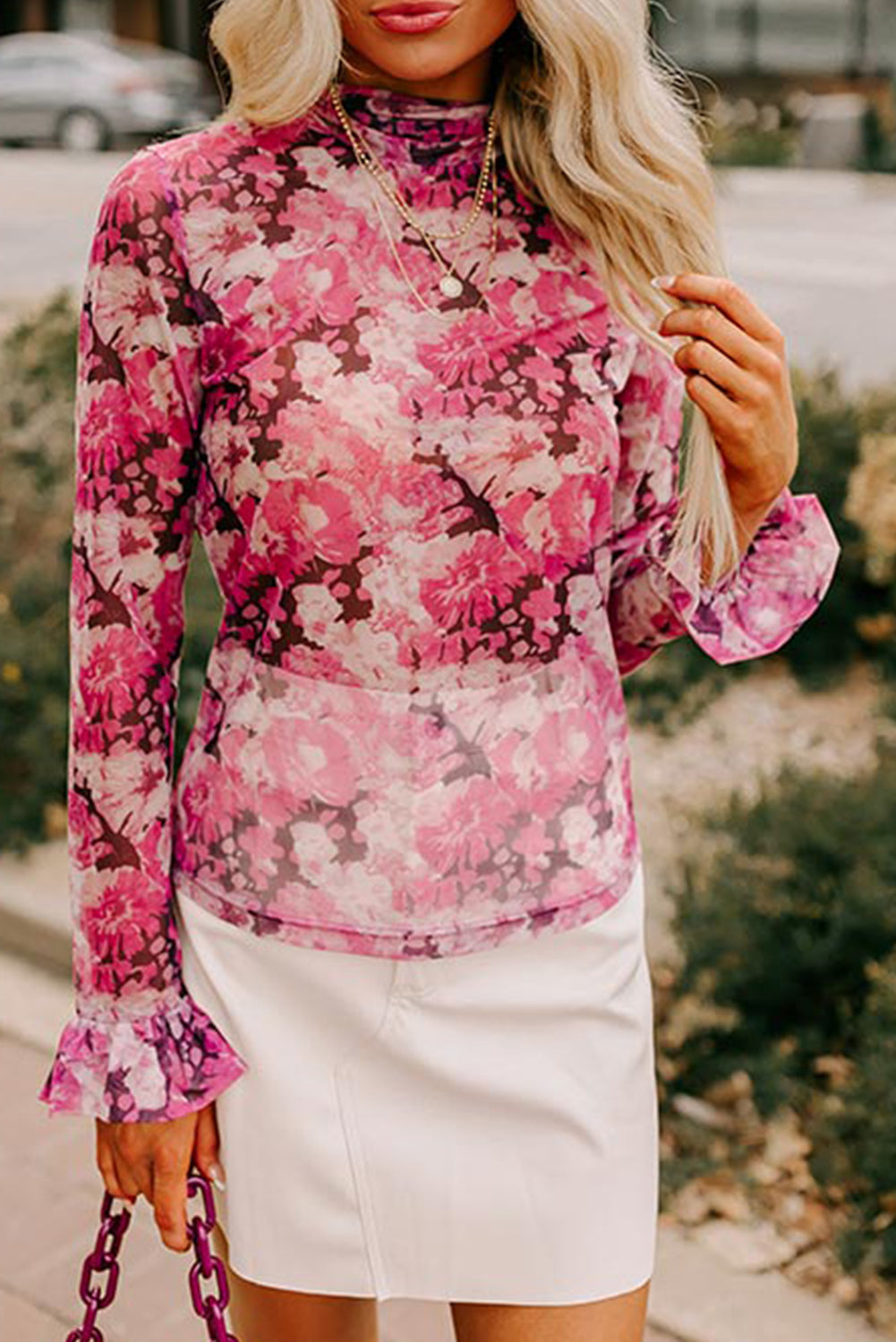 FLORA Pink Floral Print Sheer Mesh Longsleeve