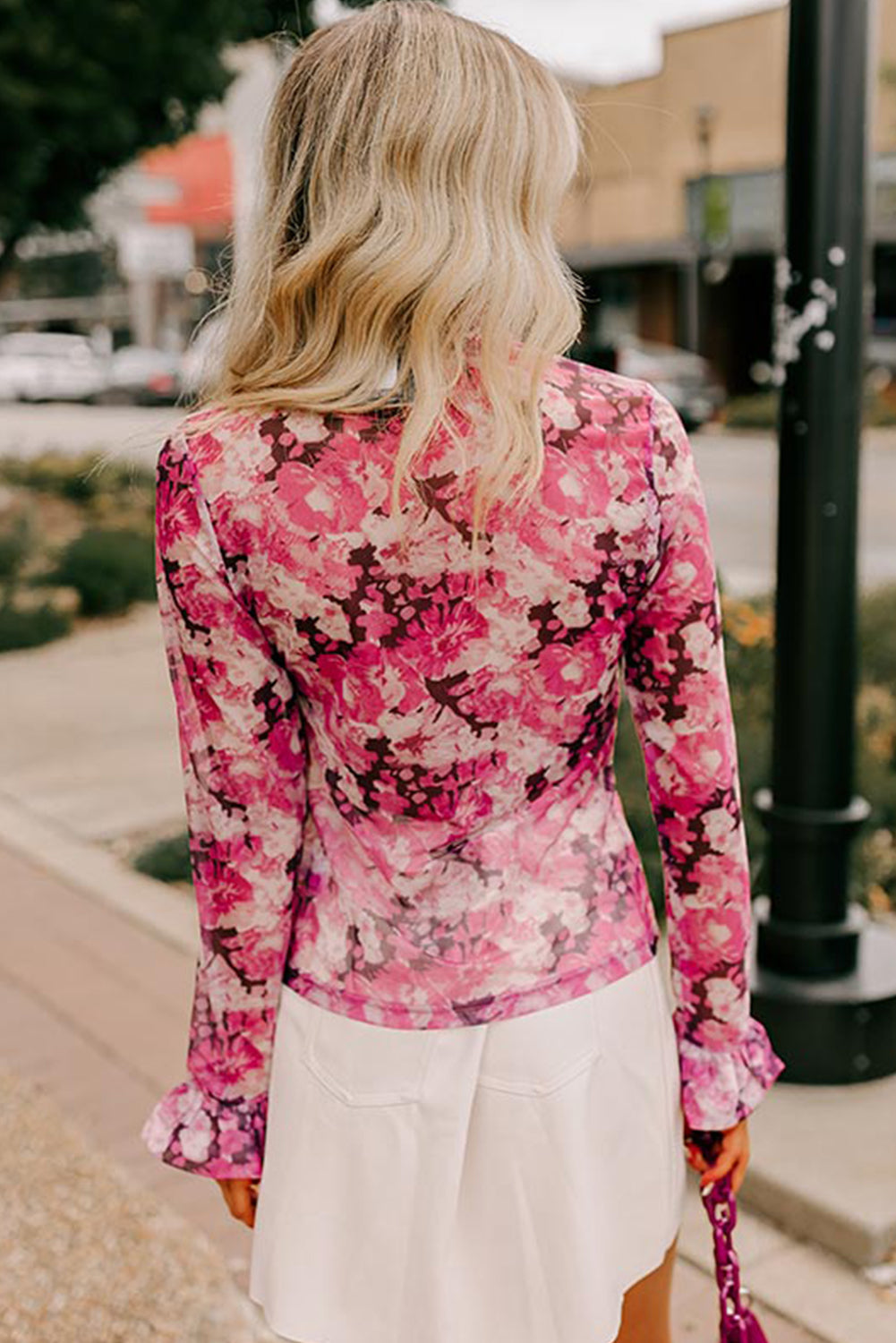 FLORA Pink Floral Print Sheer Mesh Longsleeve