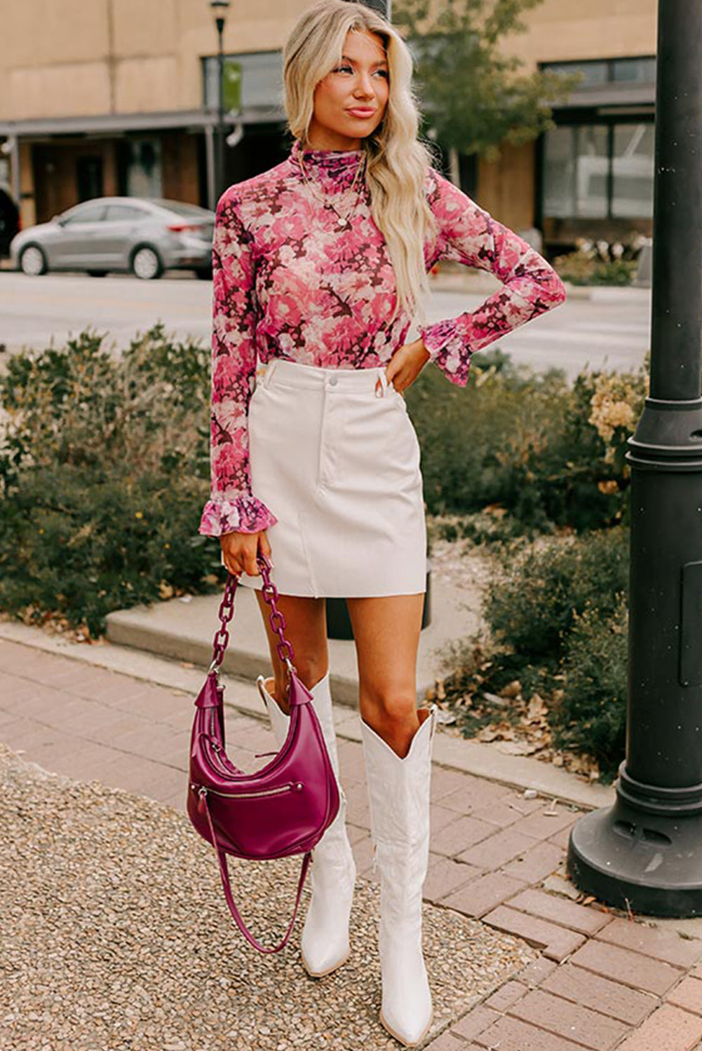 FLORA Pink Floral Print Sheer Mesh Longsleeve