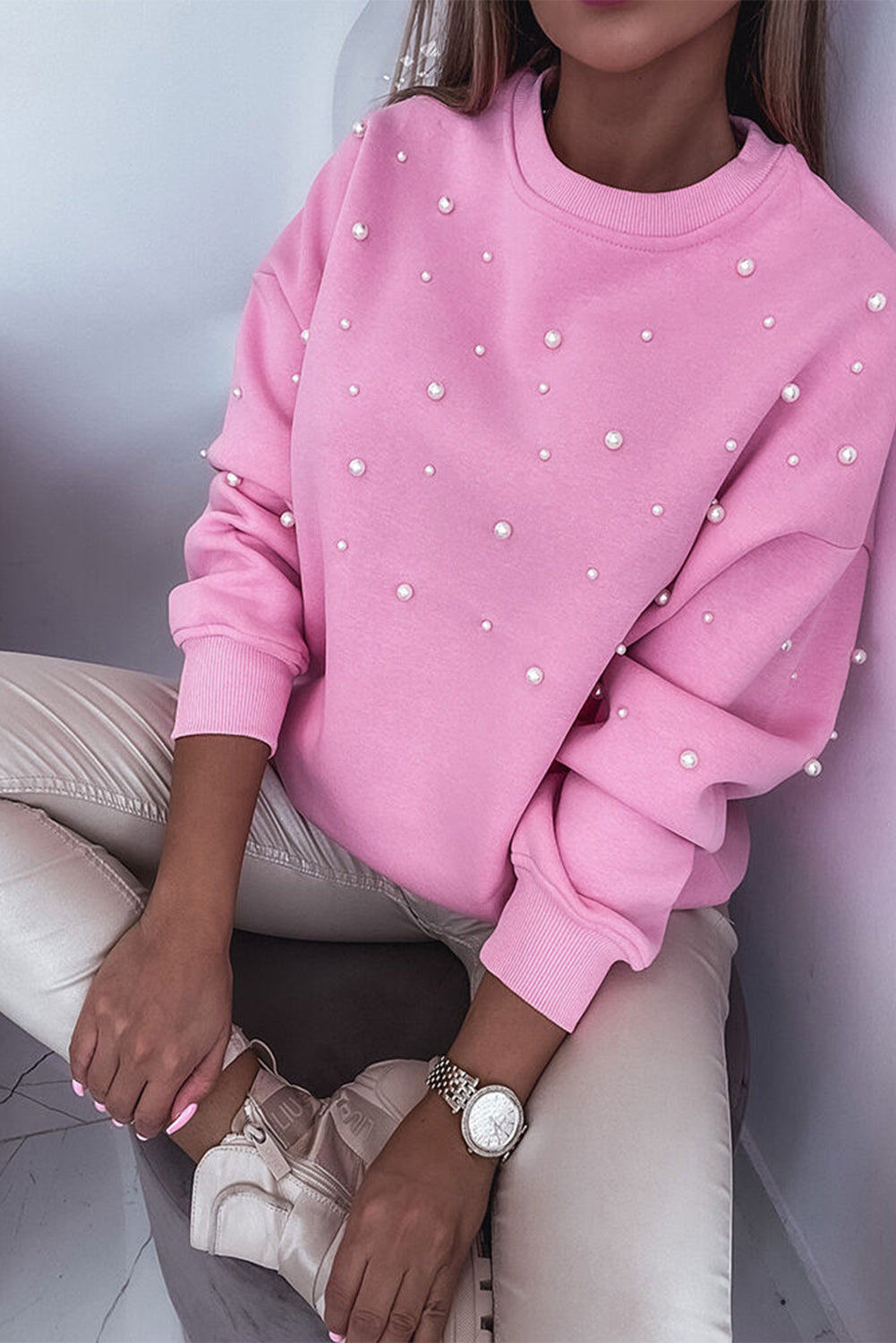 AMELIA BUBBLEGUM PINK PEARL CREWNECK SWEATER