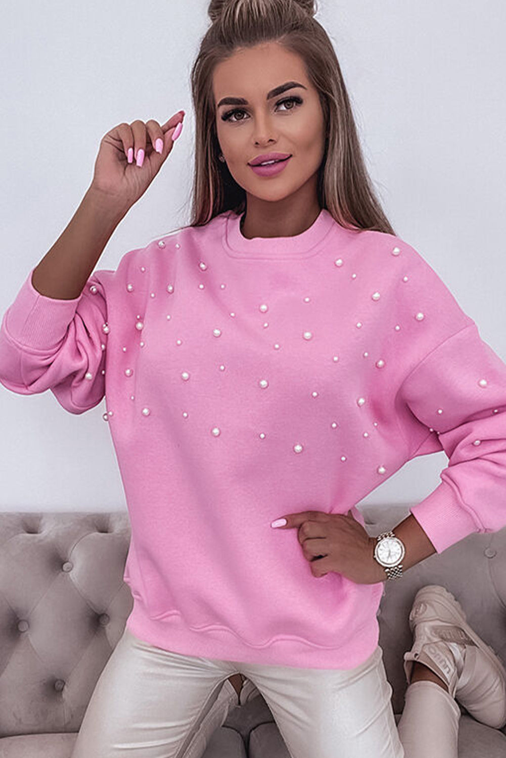 AMELIA BUBBLEGUM PINK PEARL CREWNECK SWEATER