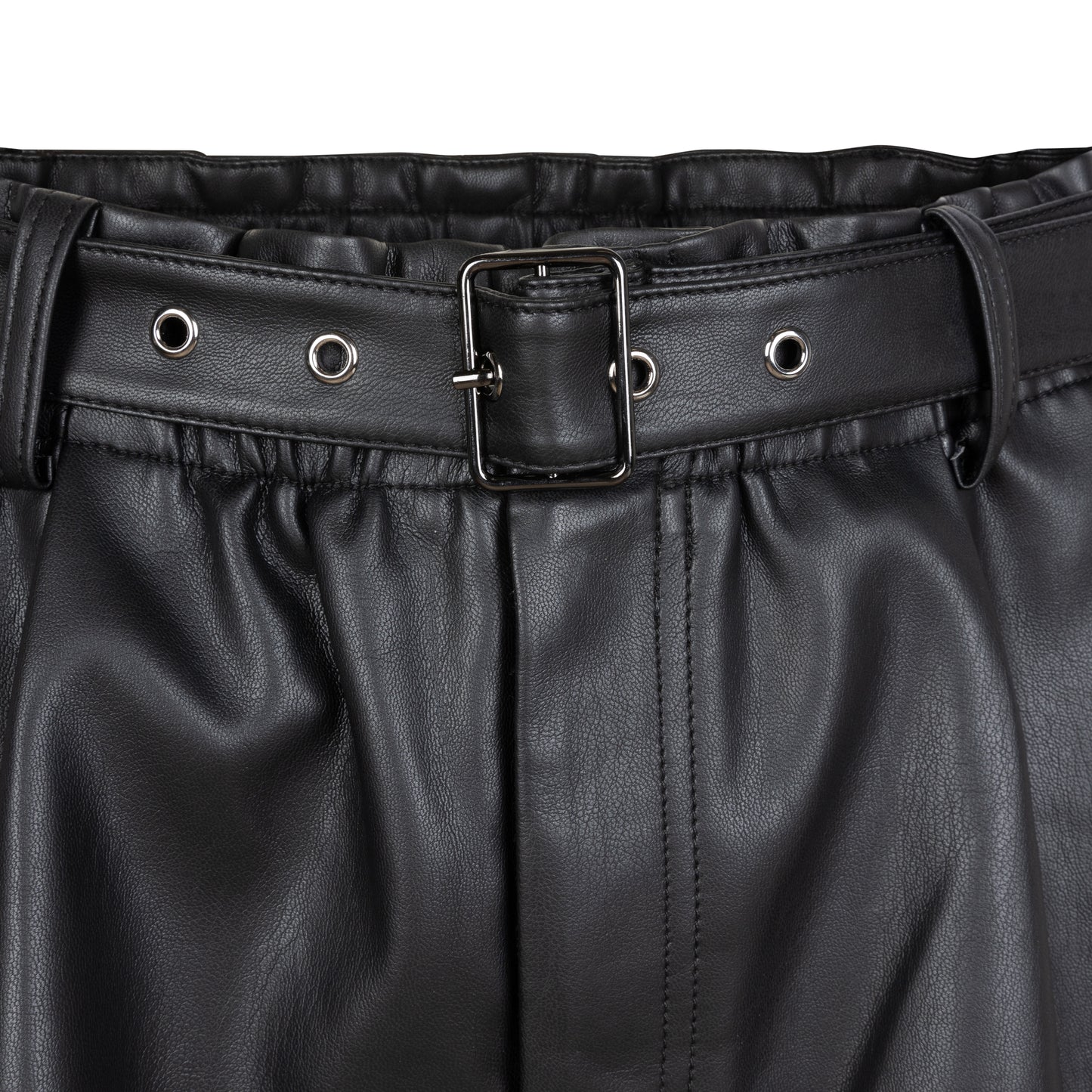 ESQUALO Faux Leather Black High-Waisted Belted Shorts