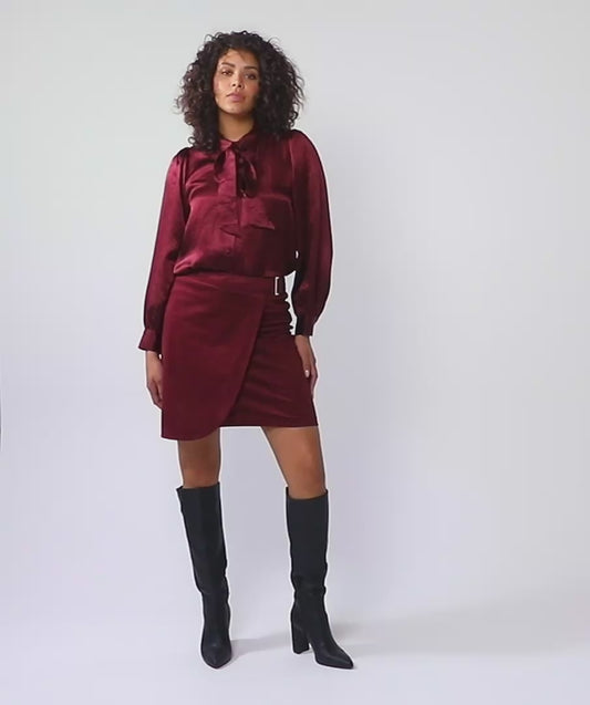 ESQUALO Burgundy Red Wine Crushed Satin Bow Tie Blouse